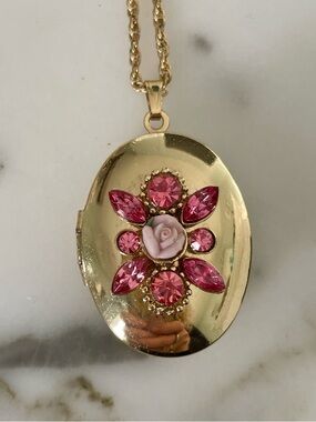 Gold Locket Necklace with Pink Crystal Flower and Rose Accent